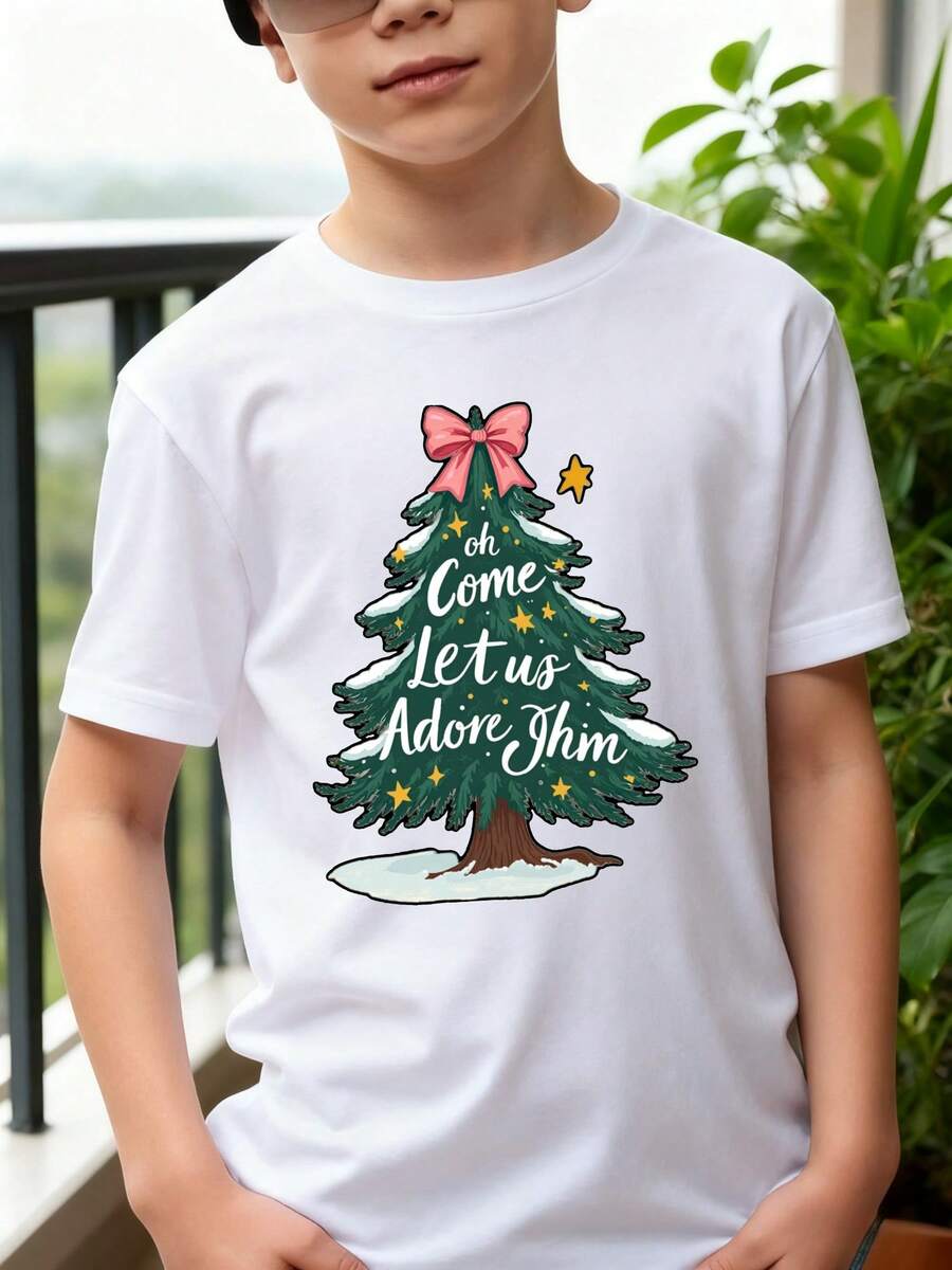 Playeras de niño Árbol de Navidad con lazo y estrellas sudaderas de niño tops para adolescentes Regalos navideños Camiseta de Halloween para niñas Camisetas navideñas Camisetas de niña Camisetas para niños y niñas La tela es suave, transpirable y cómoda, hecha de puro algodón. - Blanco - Ver 1
