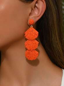1 Pair Handmade Woven Raffia Shell Tassel Long Earrings, Bohemian Beach Style Geometric Design Earrings, Suitable For Women's Daily, Vacation, Party, Festivals Like Valentine's Day, Wedding Season, Mother's Day, Music Festivals (Handcrafted Raffia Weaving, Shape And Direction Random) - 橘色 - 查看 4