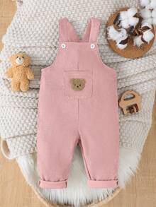 女婴灯芯绒熊图案背带裤，带口袋，休闲舒适工装裤 - 藕粉色 - 查看 3