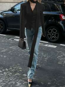 Women's Elegant Blouse With Fashion Scarf Patchwork Tie-Front Casual Commuter Blazer, Solid Woven Fabric, Button Closure - Black - View 8