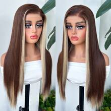 Halloween Christmas 13*4 Lace Front Wigs Straight Wigs With High Quality Synthetic Hair 28inch Brown Highlight Blonde Wigs And Good Texture - 挑染金色 - 查看 3