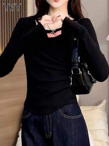 Y6Y 女款黑色优雅圆领打底衫，高品质修身长袖上衣，2025 年秋冬新品 - 黑色 - 查看 4