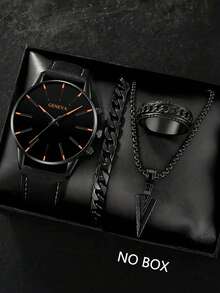 4pcs Men's Gift Set, Minimalist Scale Leather Quartz Watch, Arrow Pendant Necklace, Bracelet, Ring Set, With Round Dial And Synthetic PU Leather Strap, Suitable For Business Occasions, Birthday Gift - Black - View 8