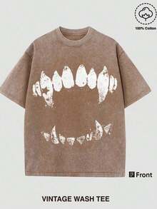 1 PcsShort Sleeve T-Shirt Vintage Wash Tee Black Teeth Graphic Print Casual Daily Wear - 咖啡棕 - 查看 12