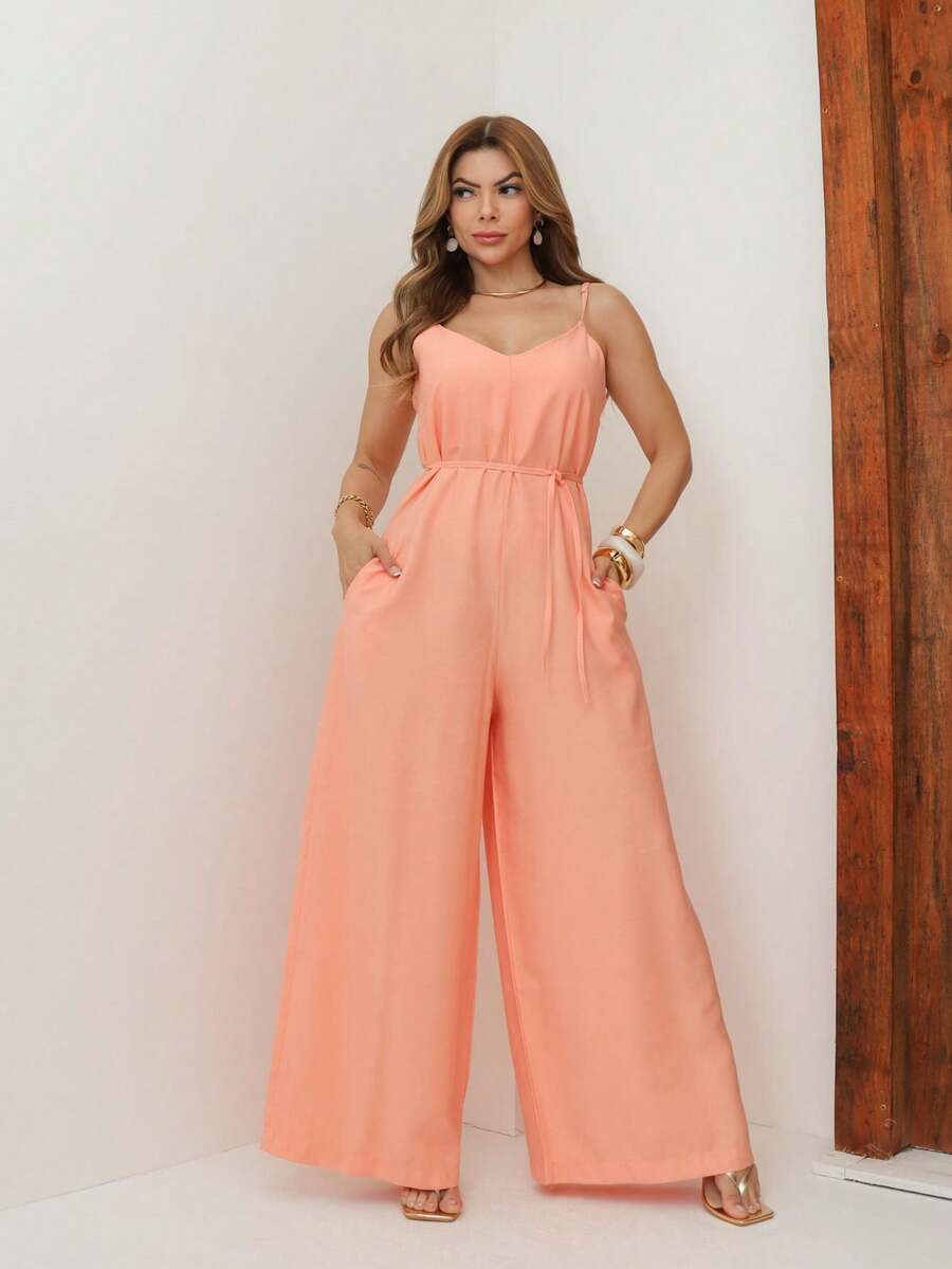 A&DD MODA, REF: Y492 Elegant Women's Jumpsuit With Suspenders, Adjustable Straps And Side Pockets, Casual And Sophisticated Modeling, Uncomplicated And Chic Look, Women's Jumpsuit Tailored For All Occasions, Modern And Comfortable Style - 橘色 - 查看 1