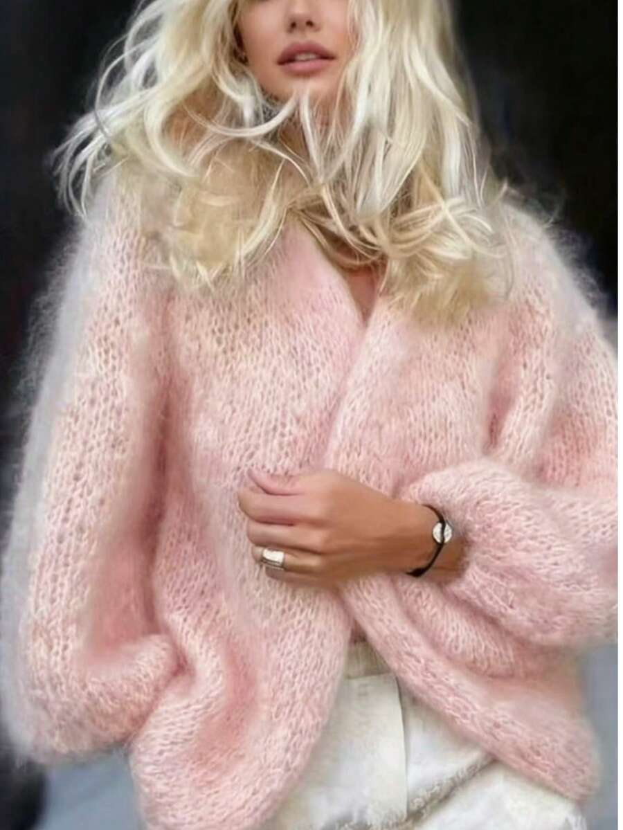 Women's Fashion Chunky Knit Lantern Sleeve Cardigan, Minimalist Soft & Cozy Knitted Sweater, Seamless Open Front Design Long Sleeve Knitwear - Essential For Christmas & New Year