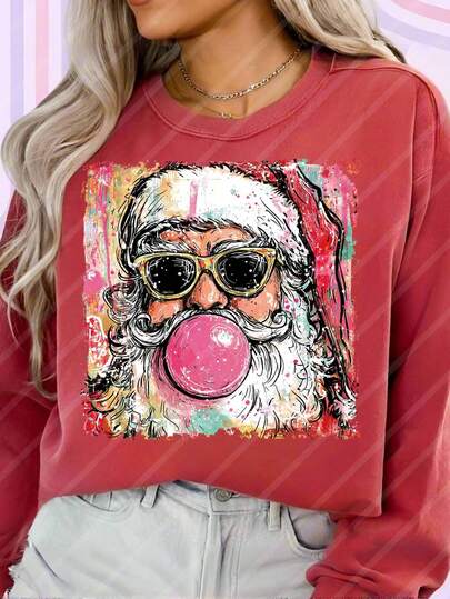 Preppy Christmas Santa Clause Bubble Blowing DIY Iron-On Heat Transfer Sticker Decals Patch, Suitable For T-Shirts, Sweatshirts, Pillowcases, Fabric, Bags And Clothing Decoration, Winter Xmas Holiday Party Decor, 10inch