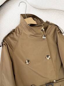 FGGG Double-Breasted Shoulder Strap Women's Brown Short Trench Coat Autumn Winter Belted Waist British Commuter Style Office Party And Streetwear Women's Jacket