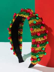 Christmas Striped Knotted Headband, Holiday Contrast Color Beaded Red Headband, Simple Knotted Fabric Rhinestone Multi-Color Bead Headband ,Party ,Hair Hair Hoop