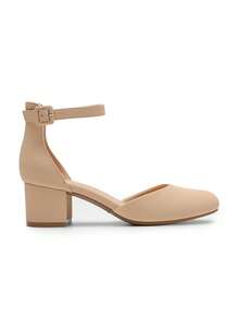 Women's Closed Round Toe Low Block Heels Ankle Strap Chunky Heel Pumps Dress Wedding Office Party Shoes - Apricot - View 6