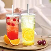20 Oz Ribbed Glass Tumblers With Lids And Glass Straws – 4-Piece Glassware Set, Thickened Glass, Ideal For Iced Coffee, Smoothies, Cocktails, And Juices – Elegant And Durable Drinkware - Màu trong suốt - Xem 6