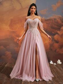 VIPGIRL New Elegant Off Shoulder Mesh Slit Luxury Evening Dress - Pink - View 1