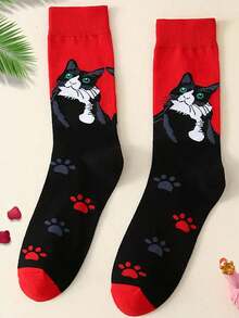 1 Pair Cat Pattern Mid-Calf Socks For Women, Elegant & Cute, Casual & Versatile, Suitable For School, Parties