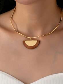 1pc Casual Elegant Bohemian Chic Wooden Pendant Necklace, Geometric Wave Pattern Necklace With Wooden Pendant - Collar - View 1