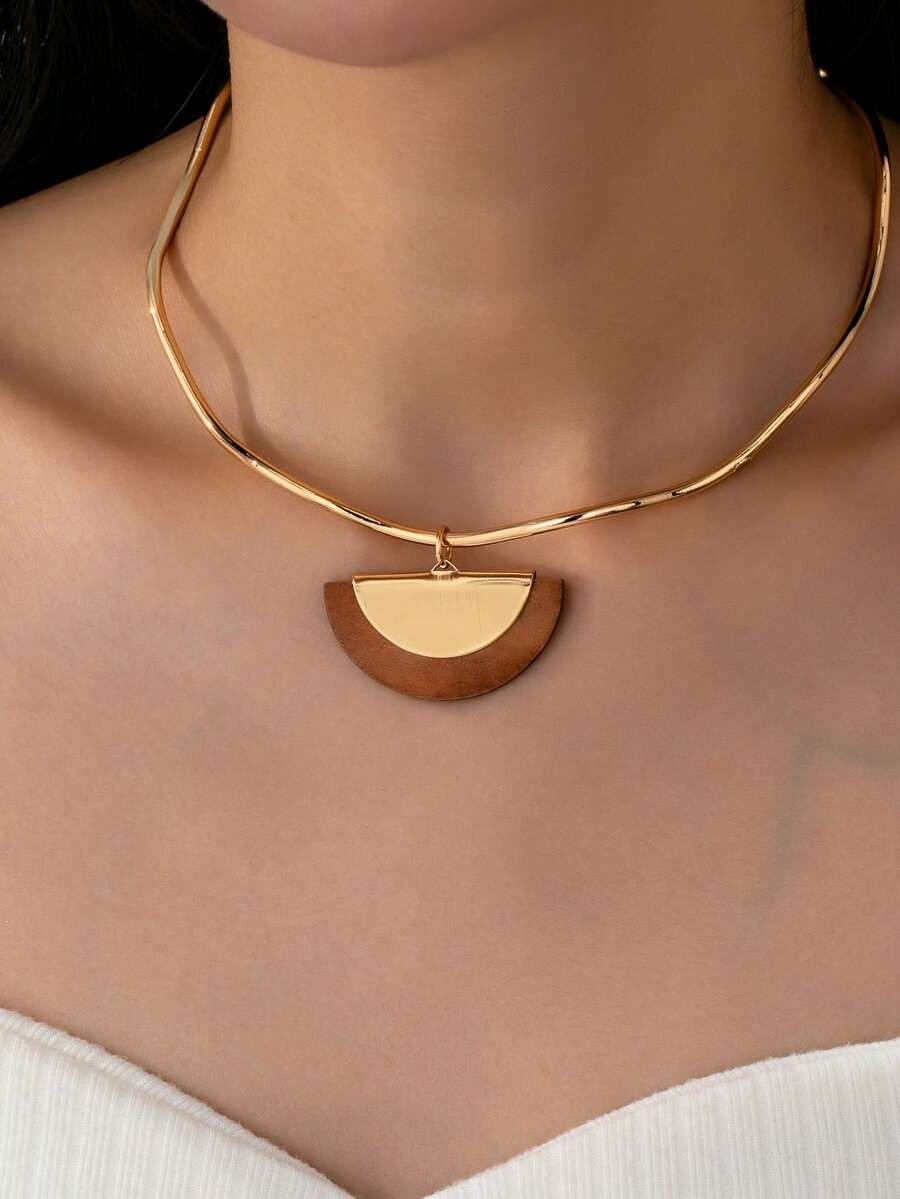 1pc Casual Elegant Bohemian Chic Wooden Pendant Necklace, Geometric Wave Pattern Necklace With Wooden Pendant - Collar - View 1
