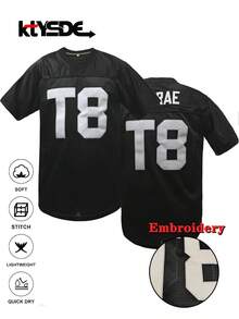 KTYSDE Men's #T8 Black American Football Jersey, MCRAE Embroidered Design, Classic Retro Mesh Loose V-Neck Short Sleeve Pullover T-Shirt, American Football Sports Tee