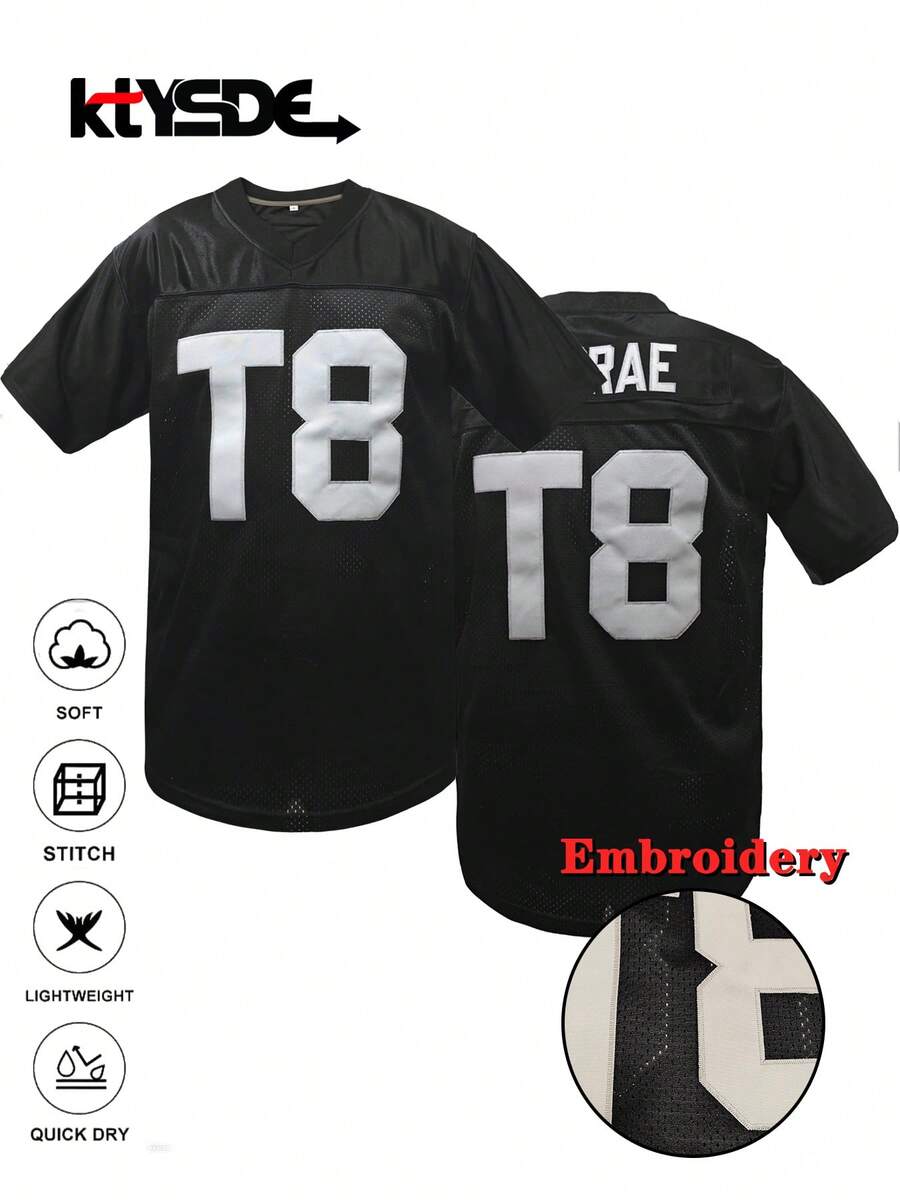 KTYSDE Men's #T8 Black American Football Jersey, MCRAE Embroidered Design, Classic Retro Mesh Loose V-Neck Short Sleeve Pullover T-Shirt, American Football Sports Tee