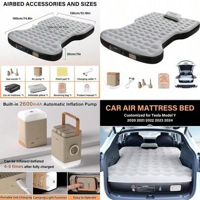 Car Air Mattress For  Self Inflating Car Sleeping Pad With Wireless Air Pump 7 Thickened  Mattress Comfort Flocking Camping Bed Model Y Accessories 2025-2021