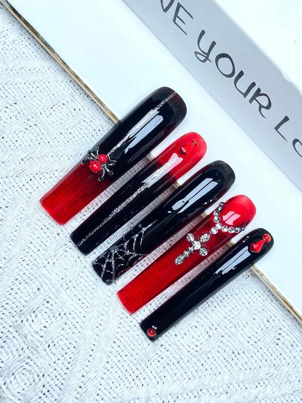 10 szt. Y2K, Halloween, bardzo długie francuskie paznokcie prasowane, pełne pokrycie, sztuczne paznokcie, ręcznie robione, z błyszczącymi kryształkami 3D, krzyżem ze stopu, ozdobą w kształcie pająka, idealnie dopasowane, wielokrotnego użytku, 1 szt. żel żelowy/1 szt. mini paski polerujące, odpinany zestaw do zdobienia paznokci, odpowiednie dla kobiet i dziewcząt na przyjęcia świąteczne i do codziennego noszenia, produkty do paznokci