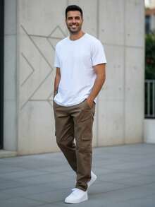 Men's Light Brown Cargo Pants With Drawstring Waist And Slight Stretch Long Trousers Loose Casual Streetwear Skateboard Unisex - 摩卡棕 - 查看 4