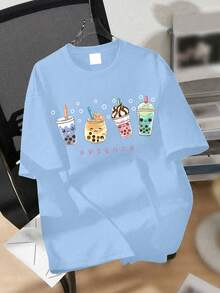 1件女童甜美可爱珍珠奶茶印花短袖T恤，舒适透气，夏季日常休闲装