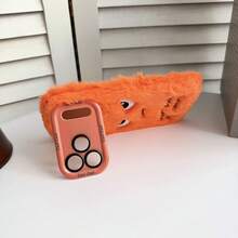 2025 新款毛绒卡通搞笑橙色表情手机壳带支架，防震软TPU保护套适用于苹果/手机 - 橘色 - 查看 5
