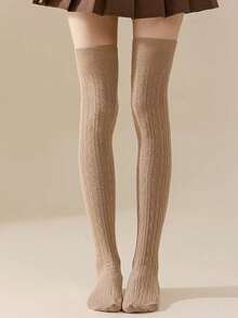 1 Pair New Autumn & Winter Japanese-Style Cream White Cashmere Socks | Retro Cable Knit Jacquard, Slim-Fit, Warm, Over-The-Knee | Random Delivery, Cozy - White - View 13