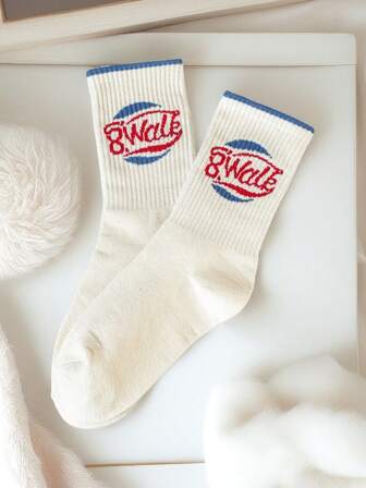 1 Pair Women's Letter "Walk" Crew Socks, Moisture-Wicking, Machine Washable, Suitable For Daily Wear, Autumn/Winter