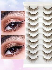 10 Pairs ENCHUW Fluffy, Soft, Lengthening, Natural-Looking False Eyelashes With Transparent Stems, Reusable, Essential For Holiday Makeup - Brown - View 4