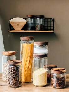 1pc Glass Jar With Wooden Lid & Airtight Seal, Transparent Storage Container For Candy, Food, Spices, Salt, Sugar, Coffee, Tea - Round Hole Acacia Wood Cover - View 6
