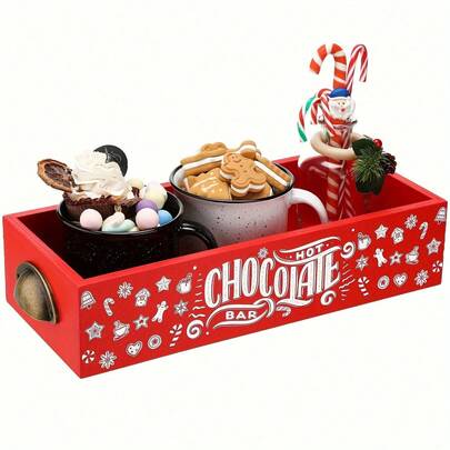 Hot Cocoa Wood Storage Box Hot Cocoa Bar Christmas Decor Hot Cocoa Decorative Christmas Cute Wood Storage Bins Decorative Storage Box For Home Kitchen Farmhouse Office(Red, White, Cane)