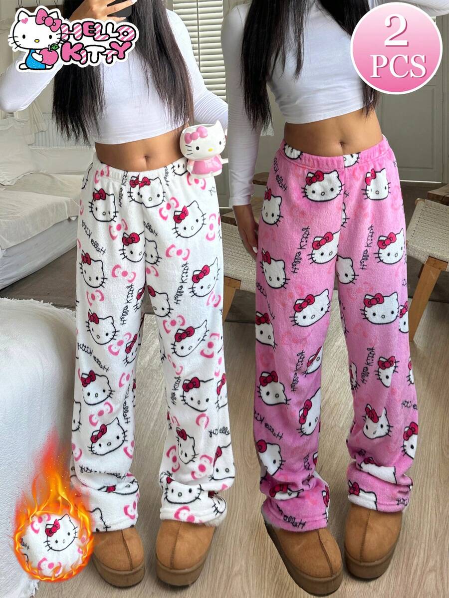 SANRIO Bộ 2 quần pajama vải flannel, in hình hoạt hình toàn thân, ống rộng, cạp chun co giãn, ấm áp, kiểu dáng dễ thương cho bé gái, phù hợp mặc trong nhà và ngoài trời, mùa thu/đông. - Nhiều màu - Xem 1
