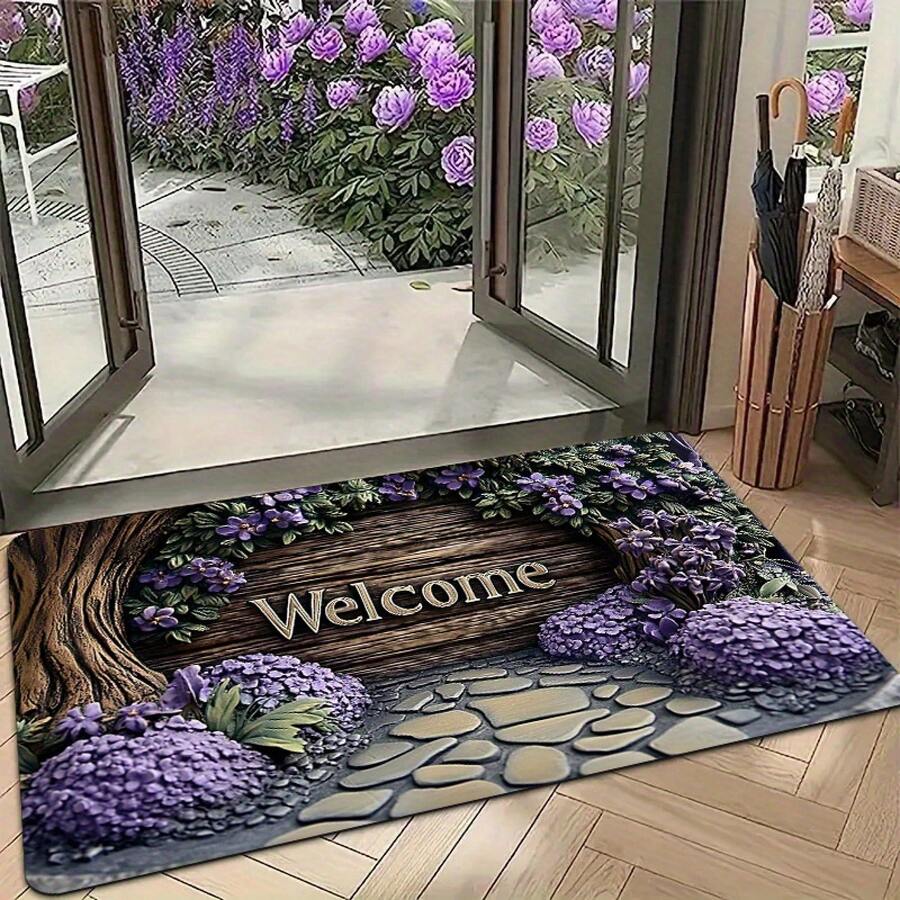 1pc Welcome Floral Monogram Entrance – Soft Polyester Non-Slip Rug With Purple Flowers & Stone Design, & Washable Indoor/Outdoor Use In Entryway, Kitchen, Bathroom, Or Office, Indoor Entryway |   Decorative Doormat |   Washable, Door Indoo - Nhiều màu - Xem 1