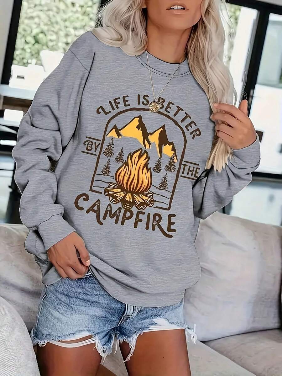 Women's Camping Printed Halloween Casual Sweatshirt, Long Sleeved Pullover, Comfortable Fit, Breathable Fabric, Casual And Fashionable Top, Suitable For Family Gatherings And Trave - 灰色2 - 查看 1