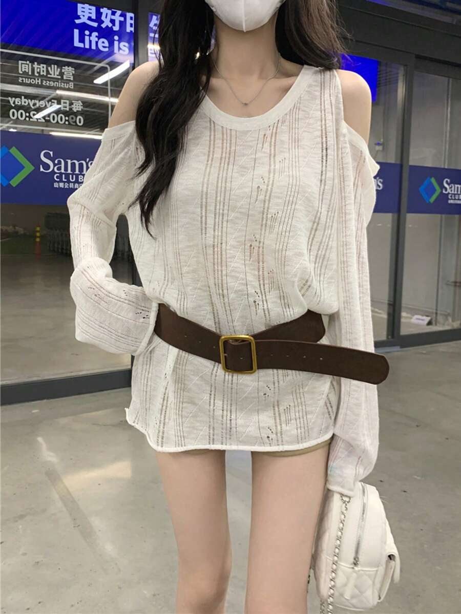 女士镂空露肩长袖宽松轻薄罩衫（不含腰带） - 白色 - 查看 1