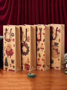4pcs Christmas Wine Bottle Gift Bags With Handles - Cartoon Santa Claus & Snowman & Wreath Design, Festive Kraft Paper Wine Pouches For Holiday Parties, Celebrations & New Years Presents - Multicolor - View 4