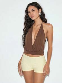 Women's Chic Solid Black Short Elastic Waist Slim Fit Skinny Micro Shorts Daily Lounge Outing - 黃色 - 查看 2