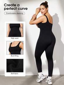 加大码曲线女士运动服瑜伽服无缝健身运动高支撑吸湿排汗锻炼透气户外加大码曲线收腹高弹力肩带健身女装女士无缝瑜伽紧身衣 - 黑色 - 查看 7