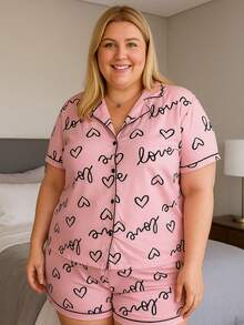 American Printed Plus Size Pajamas Blouse With Opening Buttons And Shorts Anastácia 50 52 54 56 - 粉色 - 查看 1