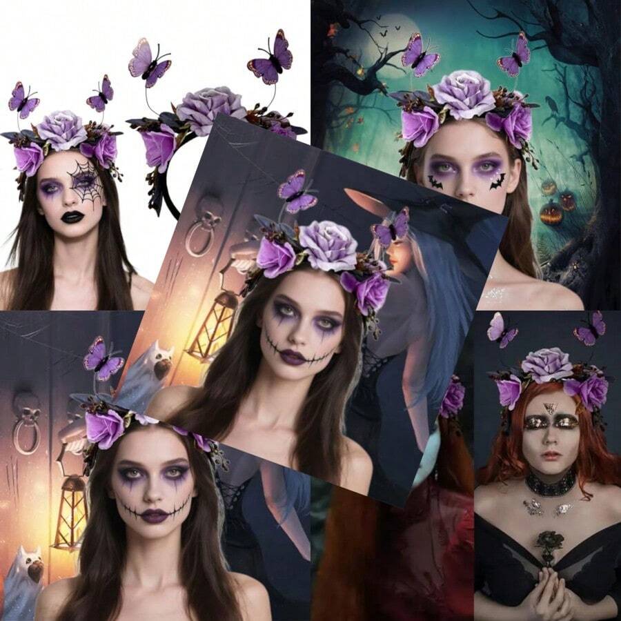 Purple Rose Flower Butterfly Headband Crown Headpiece Day Of The Dead Halloween Wedding Party Hair Hoop For Women Fairy Accessories Supplies
