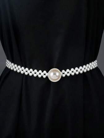 1pc Elegant Bridal Crystal Rhinestone Waist Belt, Silver Shiny Crystal & Elastic Pearl Decor Sash, Wedding Dress Accessory, Women's Fashion Waist Chain For Wedding, Birthday, Party, Event, Festival To Highlight Charm