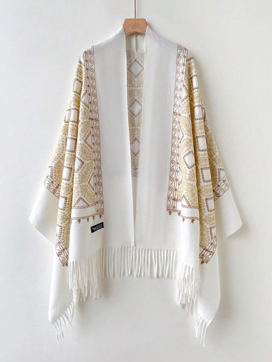 1 件女士秋冬仿羊绒刺绣围巾，厚实保暖流苏刺绣波西米亚风格旅行披肩斗篷