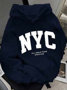 2025 HoodiesWomen's Slogan Print Thermal Lined Casual Loose Fit Hoodie Sweatshirt, Autumn/WinterLoose And Comfortablewinter Clothes For Women - 藏蓝色 - 查看 12