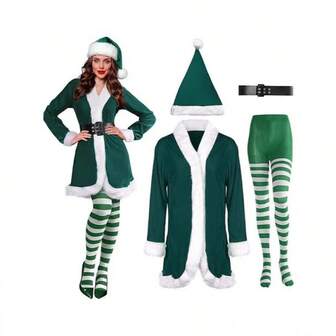 4pcs Christmas Women Costume, Santa Claus Role Play Cosplay Outfit For Party, Green Christmas Dress + Hat + Belt + Stockings Set