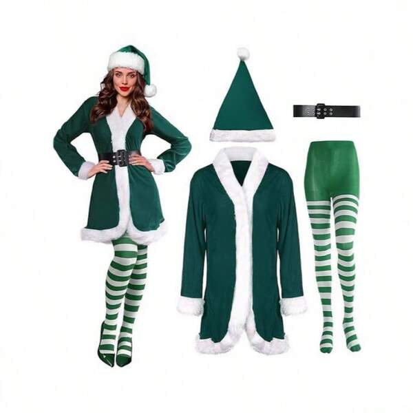 4pcs Christmas Women Costume, Santa Claus Role Play Cosplay Outfit For Party, Green Christmas Dress + Hat + Belt + Stockings Set