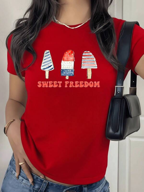 con estampado digital de helados tricolor y texto dulce libertad Camiseta de mujer con cuello redondo verano patriótico 220 gramos 1 unidad de 100% algodón estilo moderno diseño casual