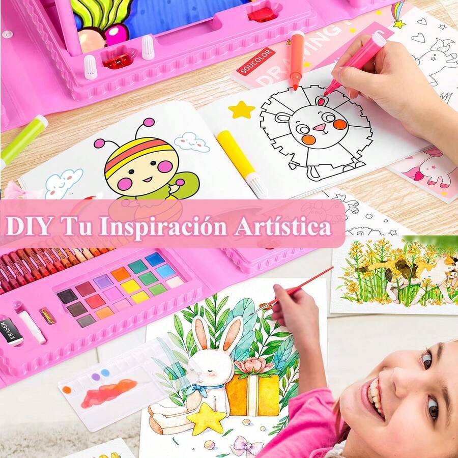 Set de Arte para Niñas 208 Pcs, Kit de Dibujo Colores Profesional con Caballete de Doble Faceta, Plumones, Pinturas, Aquarelas, Crayolas y Lapices de Colores, Regalo para Niñas Niños 6 8 9 10 Años (Rosa) - 1 - Ver 1