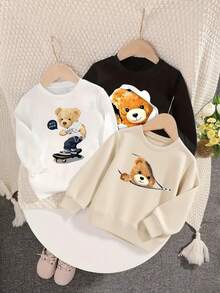 3 件男婴休闲印花圆领套头连帽衫，秋冬 - 可爱的熊和滑板印花连帽衫为每个孩子带来欢乐和幸福！