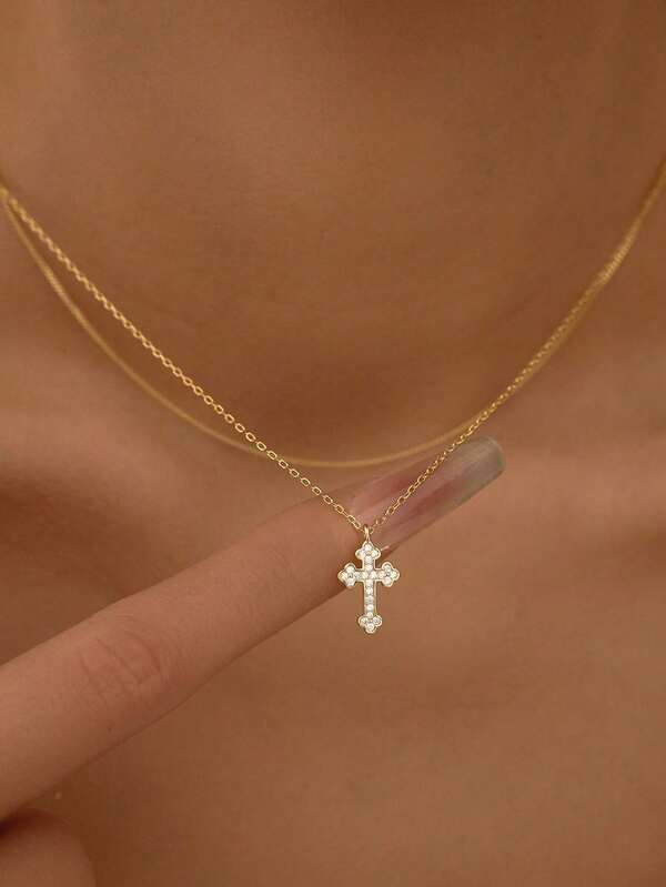 1pc S295 Sterling Silver Full Diamond Cross Necklace - Stackable With Thin Side Chain - Simple Personalized Double Layer Matching Chain - Gold-Plated Hypoallergenic - Suitable For Men And Women Daily Wear - Neutral Necklace - Sterling Silver Jewelry - Can Be Used As A Holiday Gift