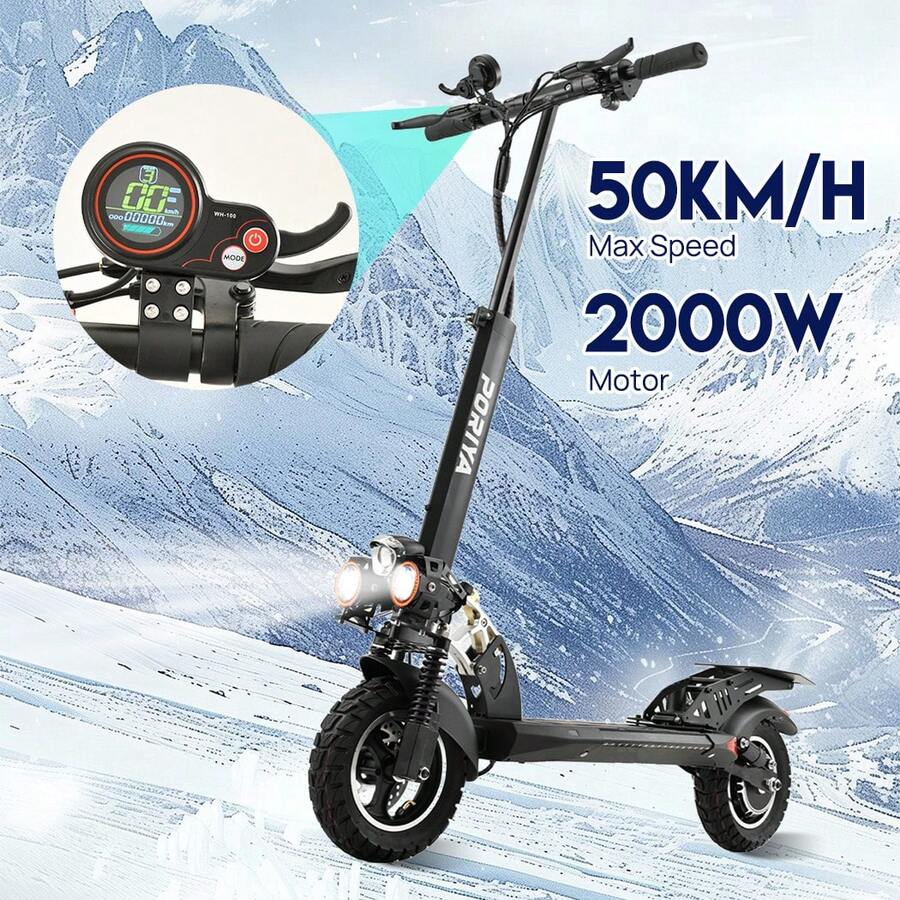 PORIYA 2000W Off-Road Electric Scooter W/ Aerodynamic Tail Wing For Stunt Stability, 50KM/H & 50KM Range, Foldable Portable E-Bike, ABS Brakes & UL2272 Certified - 黑色 - 查看 1